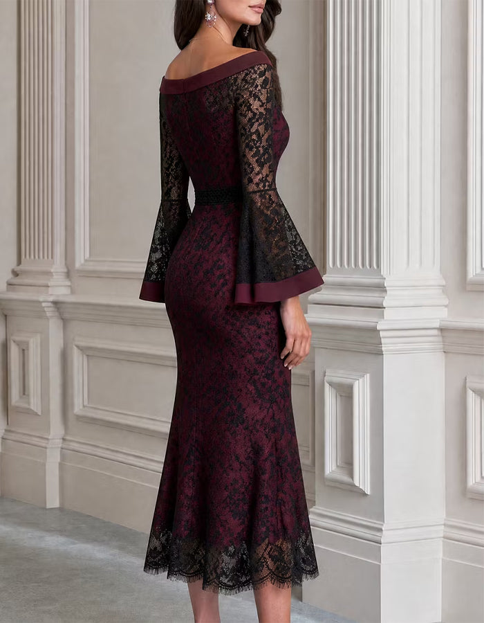 Burgundy And Black Floral Lace Fishtail Midi Dress