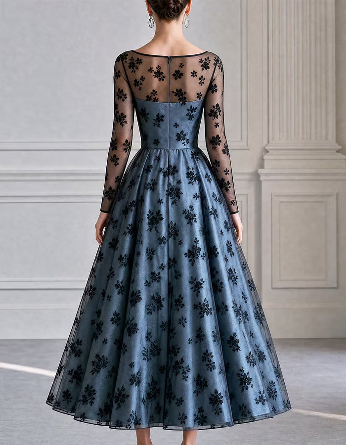 Blue Gray And Black Flowers Midi Dress