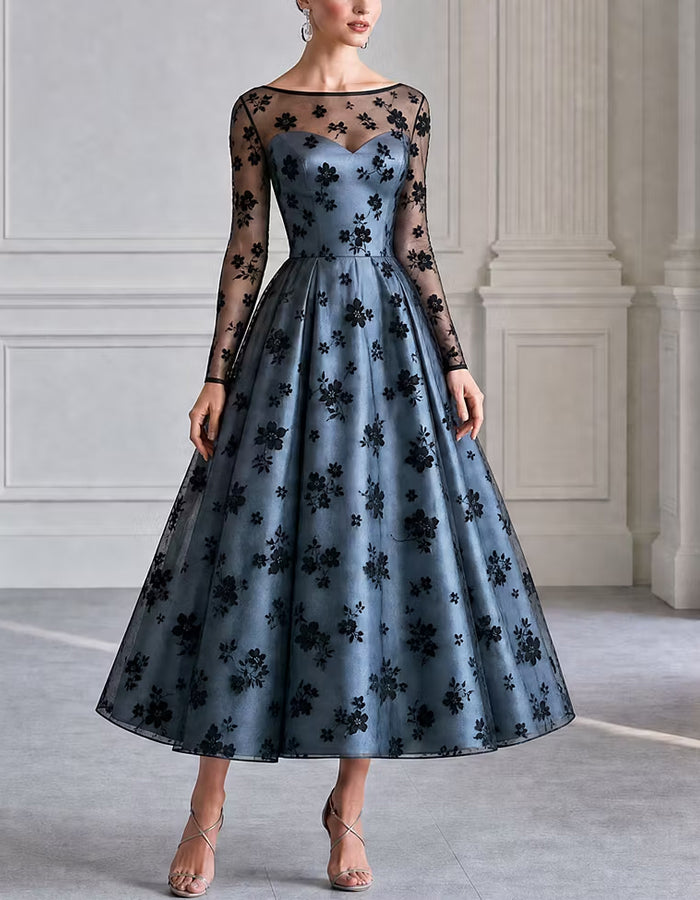 Blue Gray And Black Flowers Midi Dress