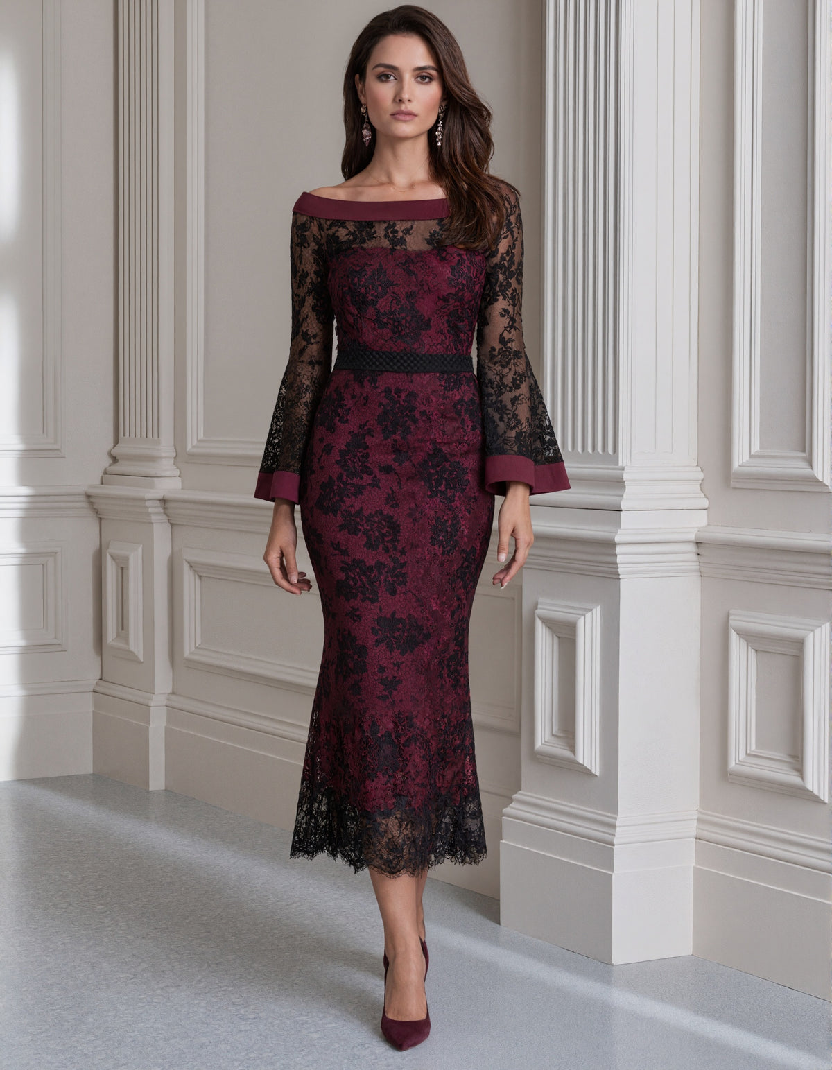 Burgundy And Black Floral Lace Fishtail Midi Dress