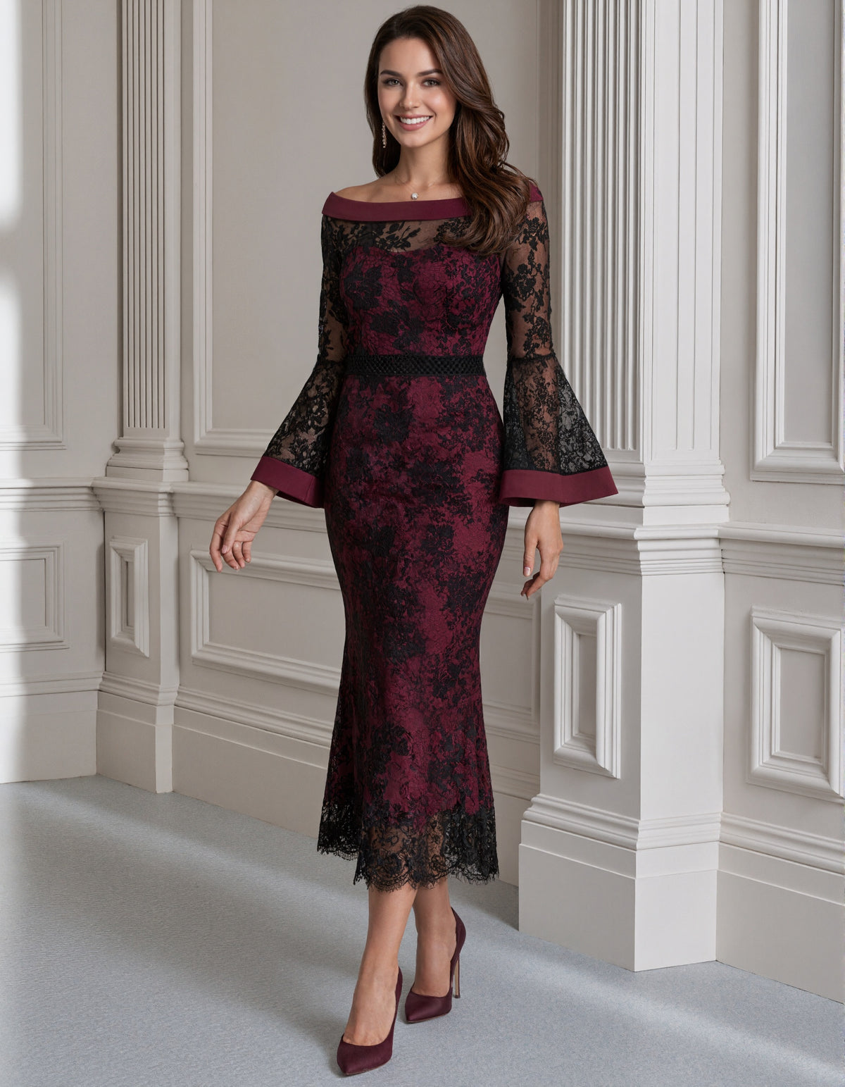 Burgundy And Black Floral Lace Fishtail Midi Dress