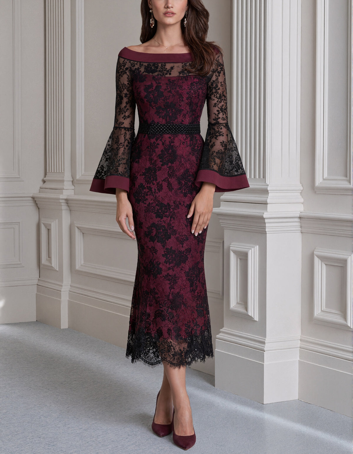 Burgundy And Black Floral Lace Fishtail Midi Dress