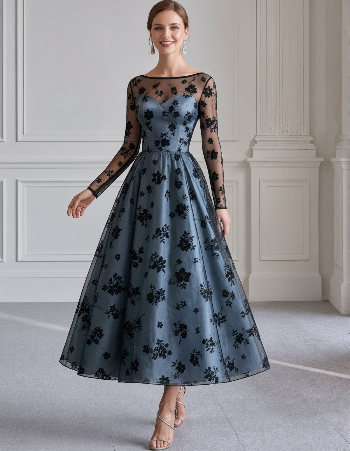 Blue Gray And Black Flowers Midi Dress