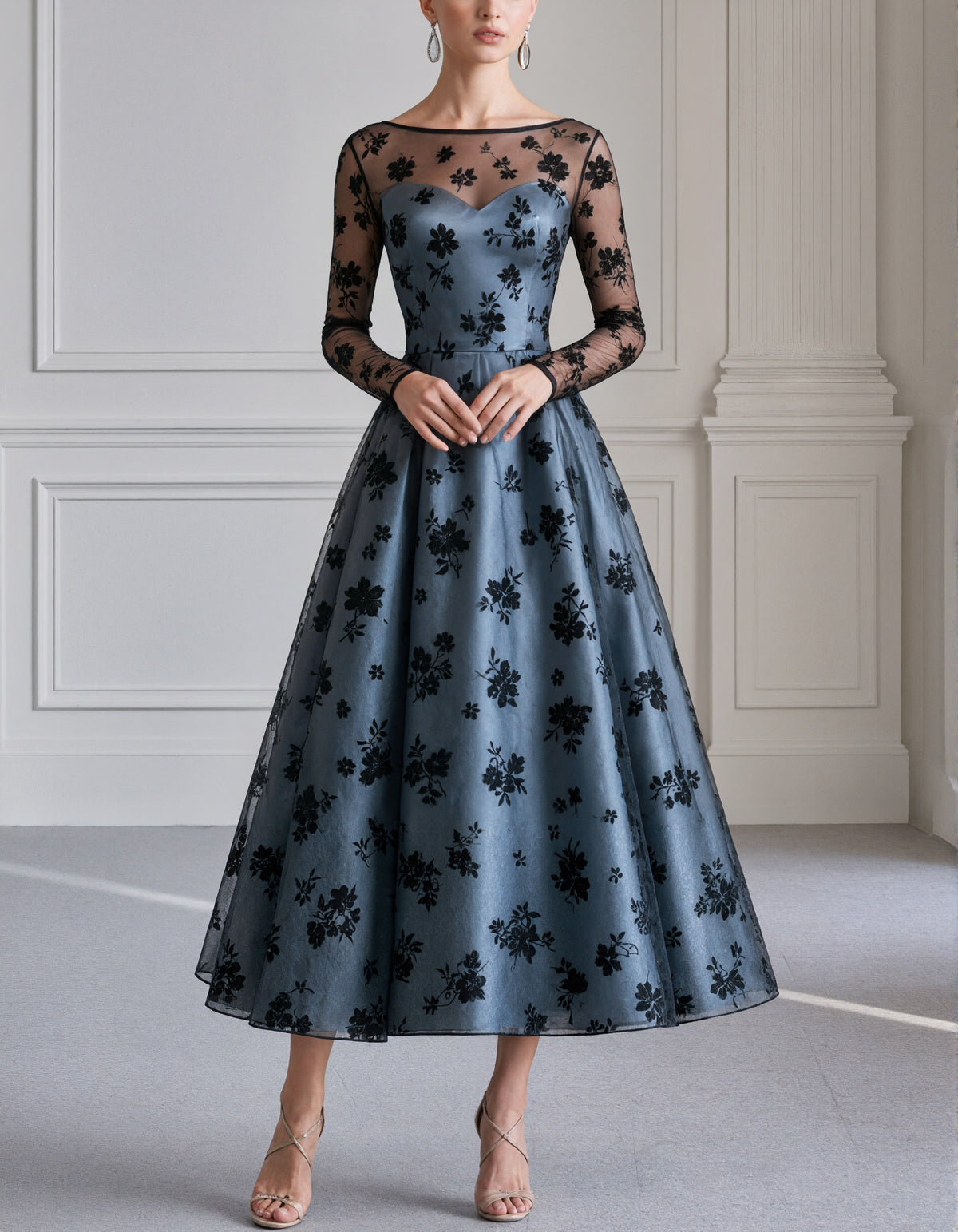 Blue Gray And Black Flowers Midi Dress