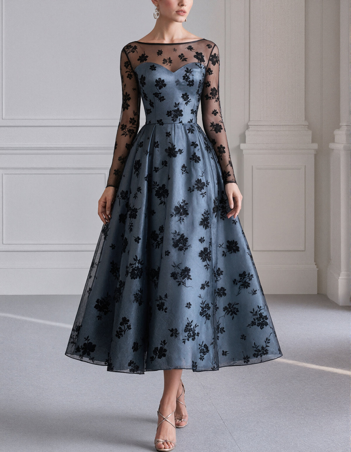 Blue Gray And Black Flowers Midi Dress