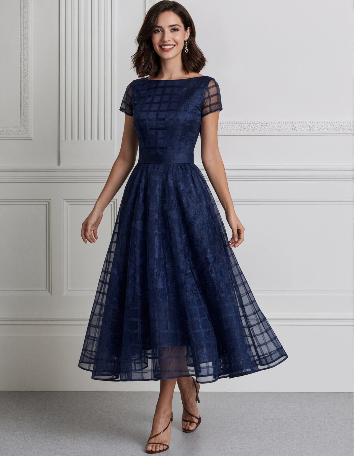 Navy Blue Plaid Organza Boat Collar Midi Dress