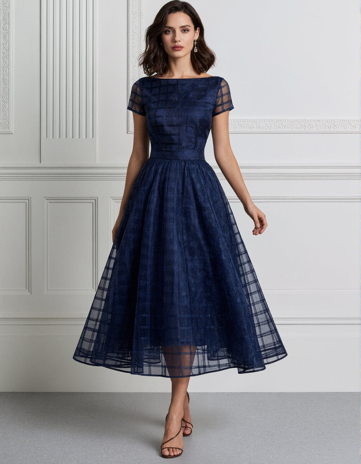 Navy Blue Plaid Organza Boat Collar Midi Dress