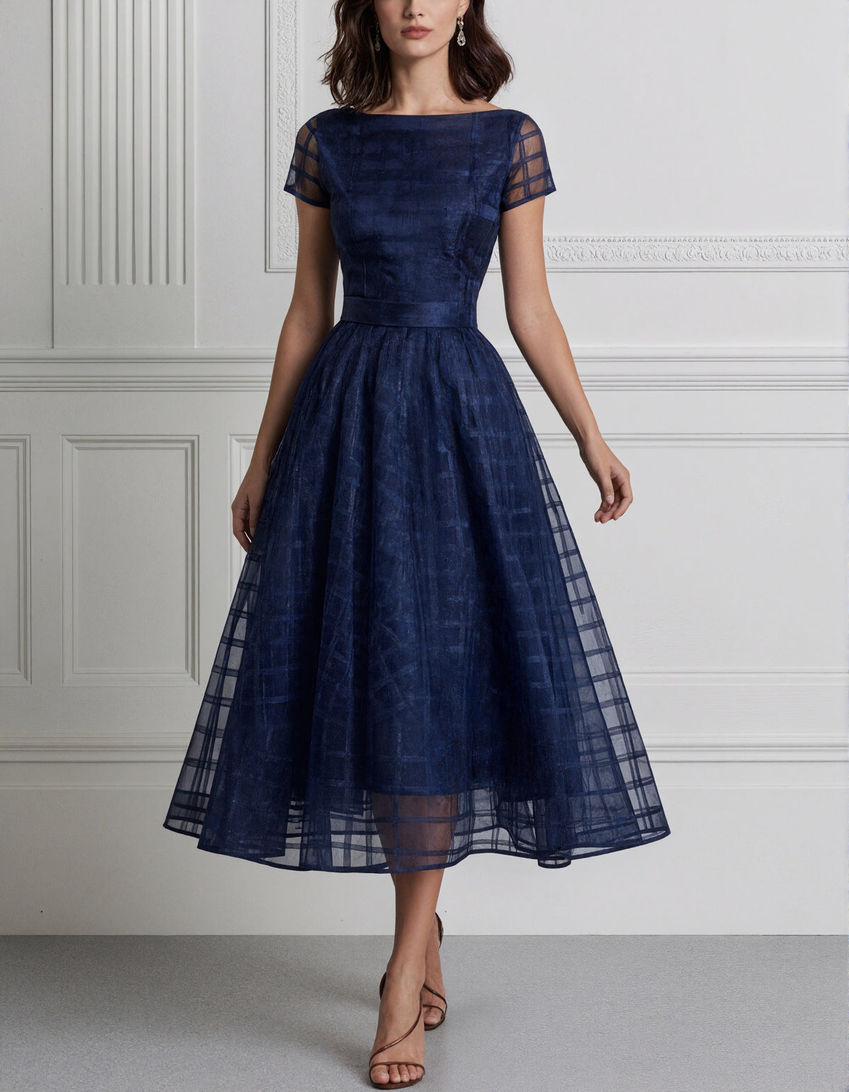 Navy Blue Plaid Organza Boat Collar Midi Dress