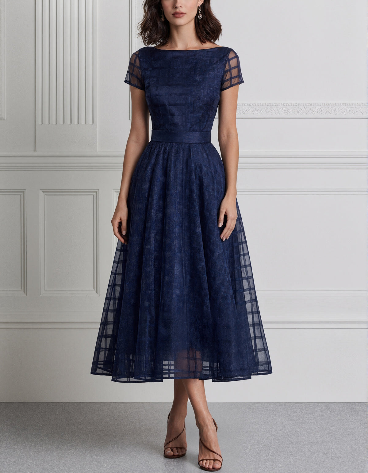 Navy Blue Plaid Organza Boat Collar Midi Dress