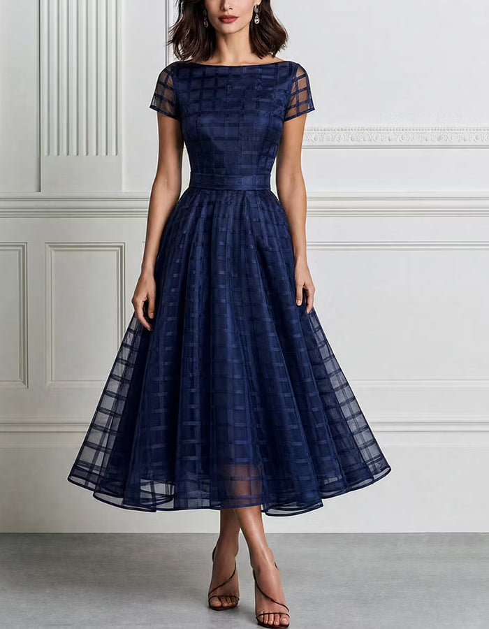 Navy Blue Plaid Organza Boat Collar Midi Dress