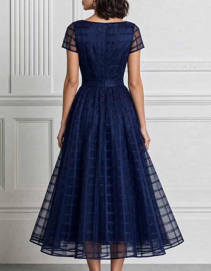 Navy Blue Plaid Organza Boat Collar Midi Dress
