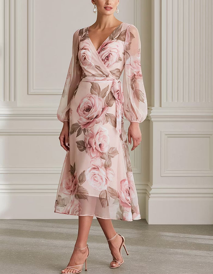 Pink Watercolor Rose Print Chiffon Midi Dress