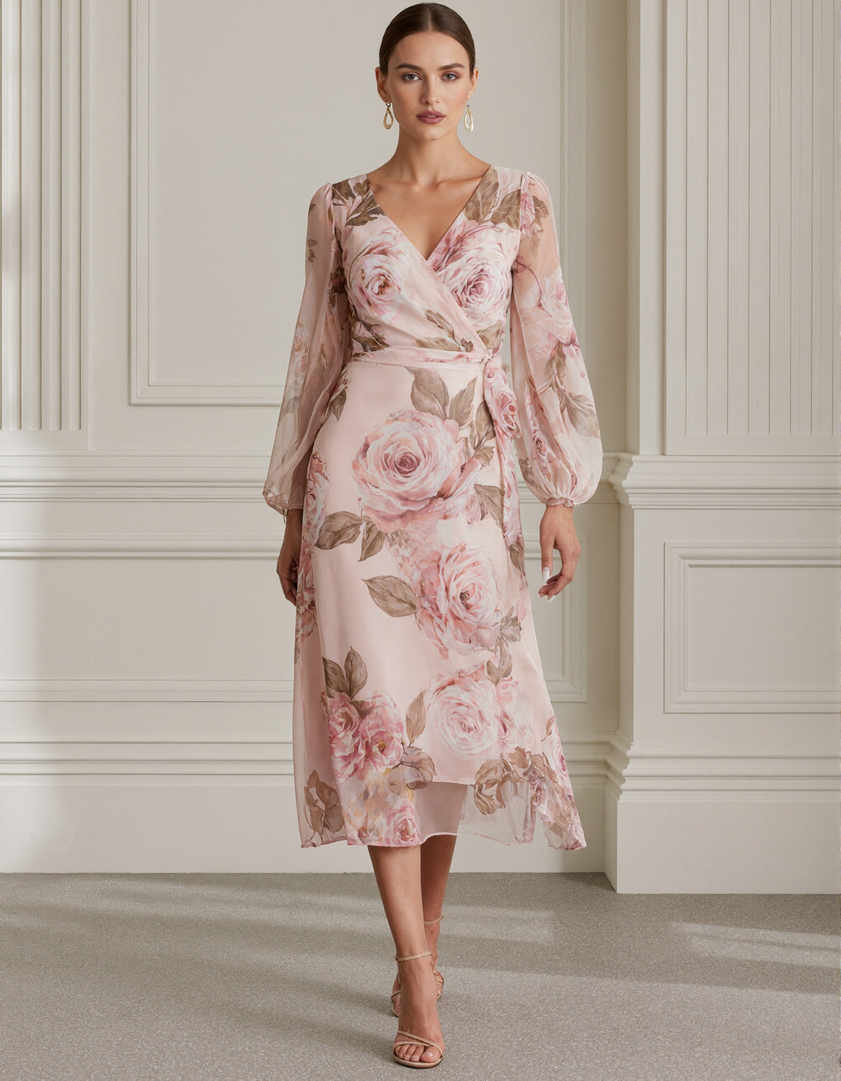 Pink Watercolor Rose Print Chiffon Midi Dress