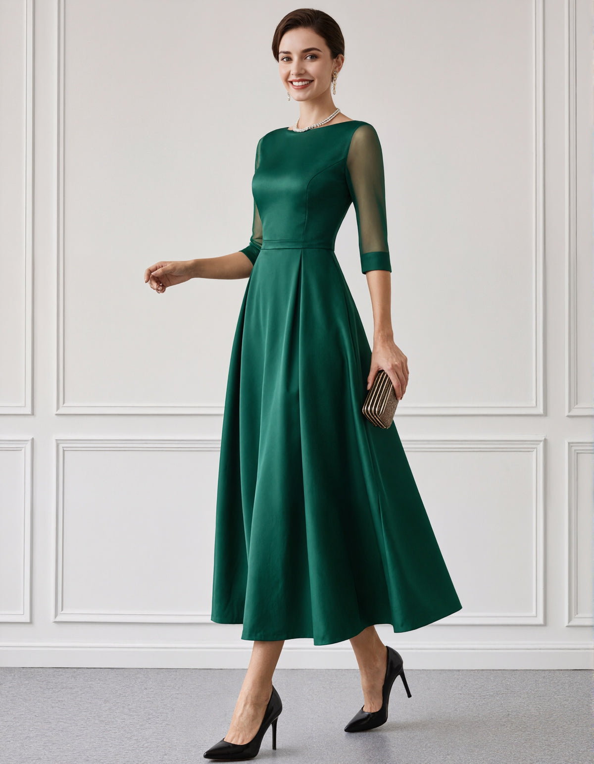 Green Satin Boat Neck Mesh Three Quarter Sleeves Midi Dress