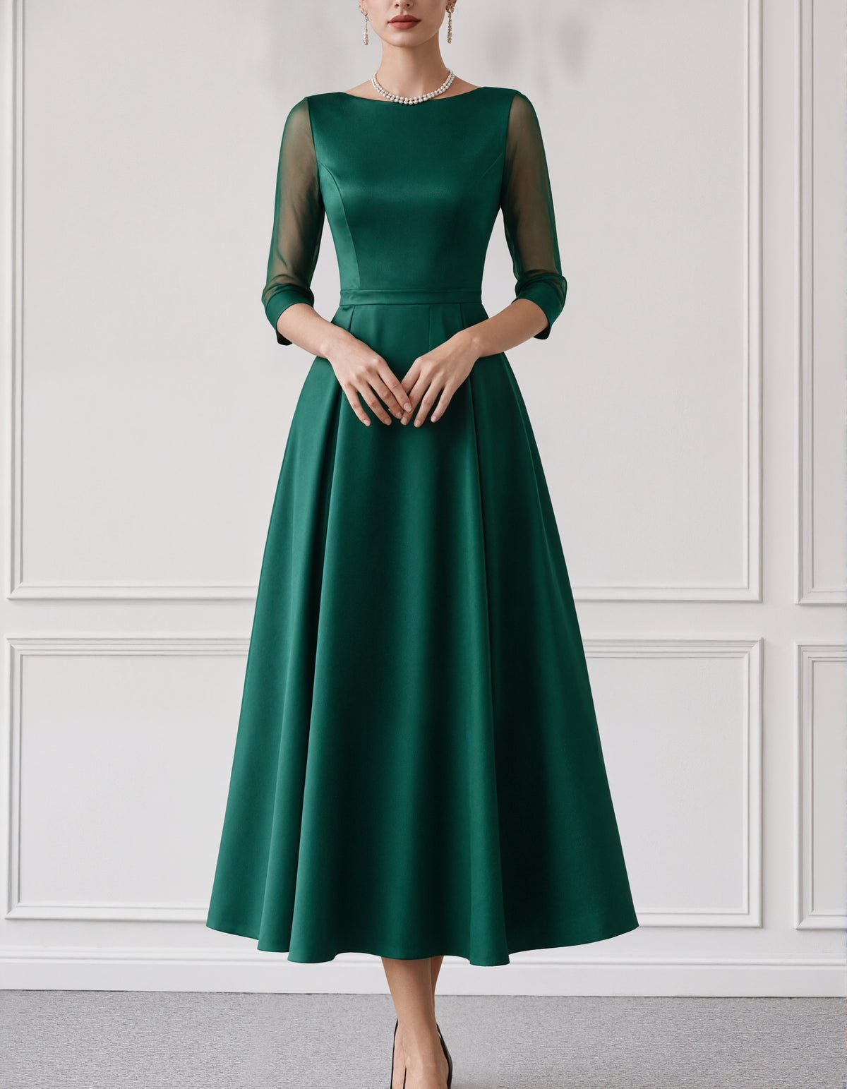 Green Satin Boat Neck Mesh Three Quarter Sleeves Midi Dress