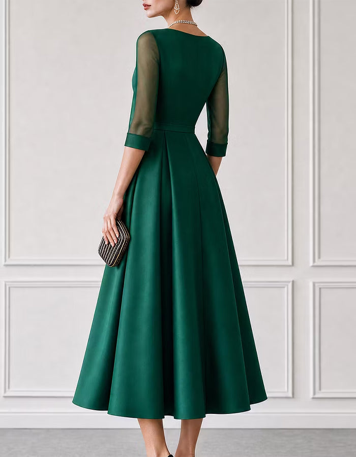 Green Satin Boat Neck Mesh Three Quarter Sleeves Midi Dress