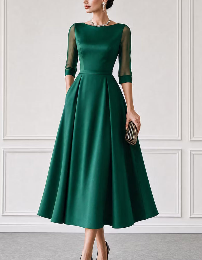 Green Satin Boat Neck Mesh Three Quarter Sleeves Midi Dress