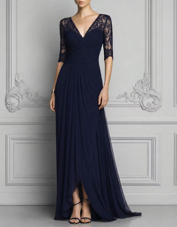 Dark Blue Lace Chiffon V-Neck Lace Three Quarter Sleeve Maxi Dress