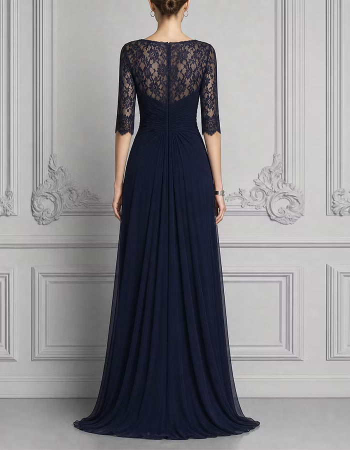 Dark Blue Lace Chiffon V-Neck Lace Three Quarter Sleeve Maxi Dress