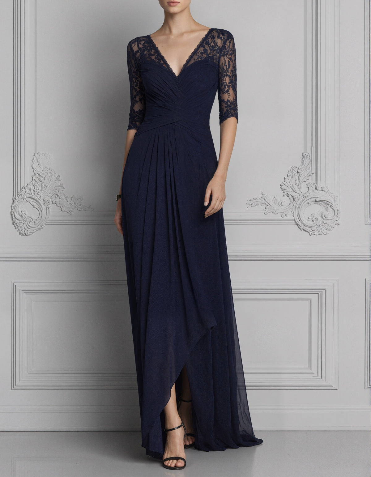Dark Blue Lace Chiffon V-Neck Lace Three Quarter Sleeve Maxi Dress