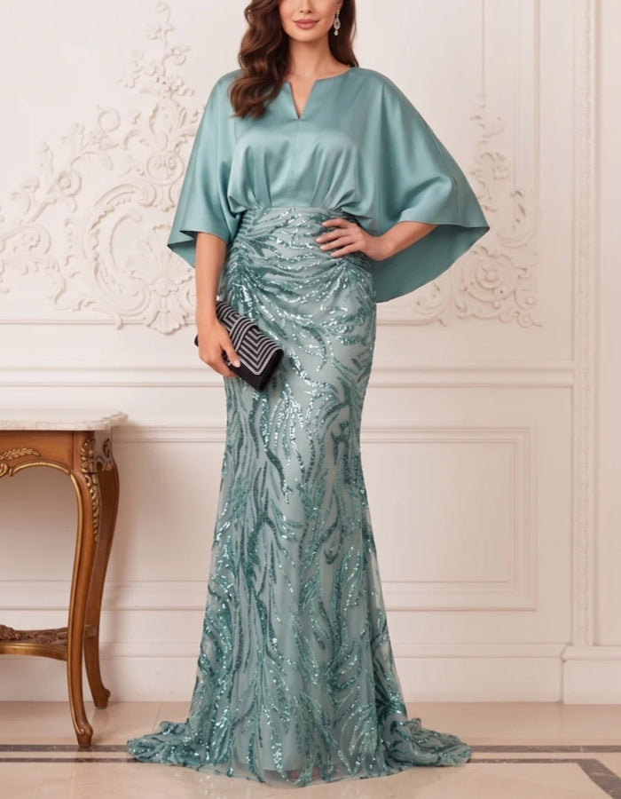 Aquamarine Satin Shawl Sleeves With Sequins Maxi Dress
