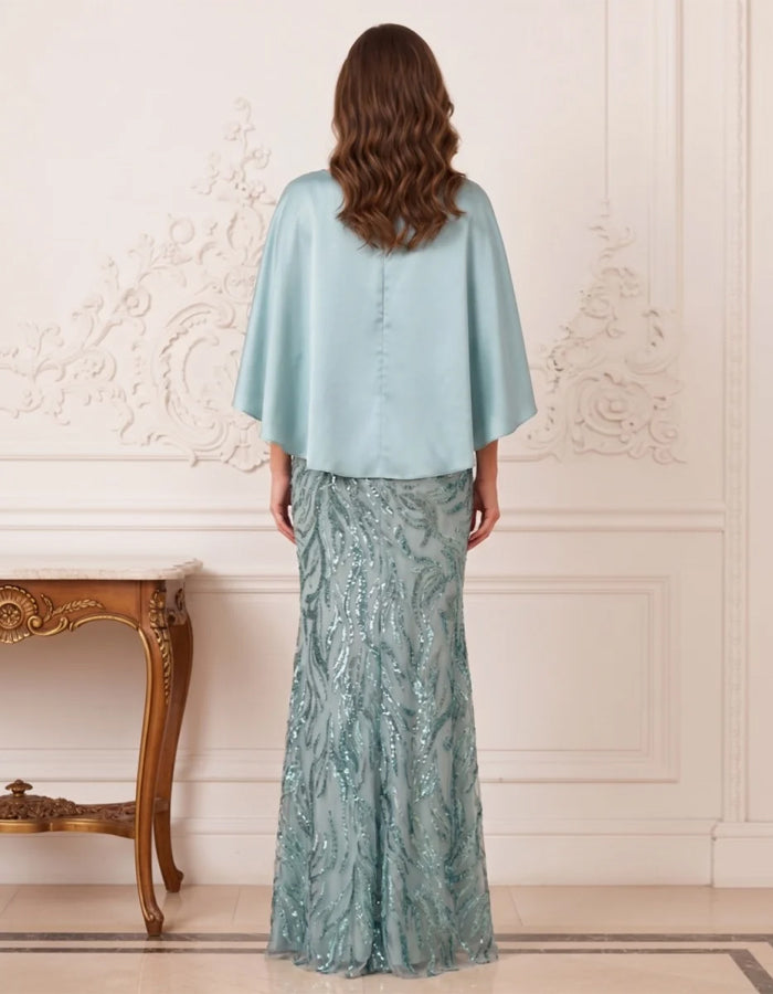 Aquamarine Satin Shawl Sleeves With Sequins Maxi Dress