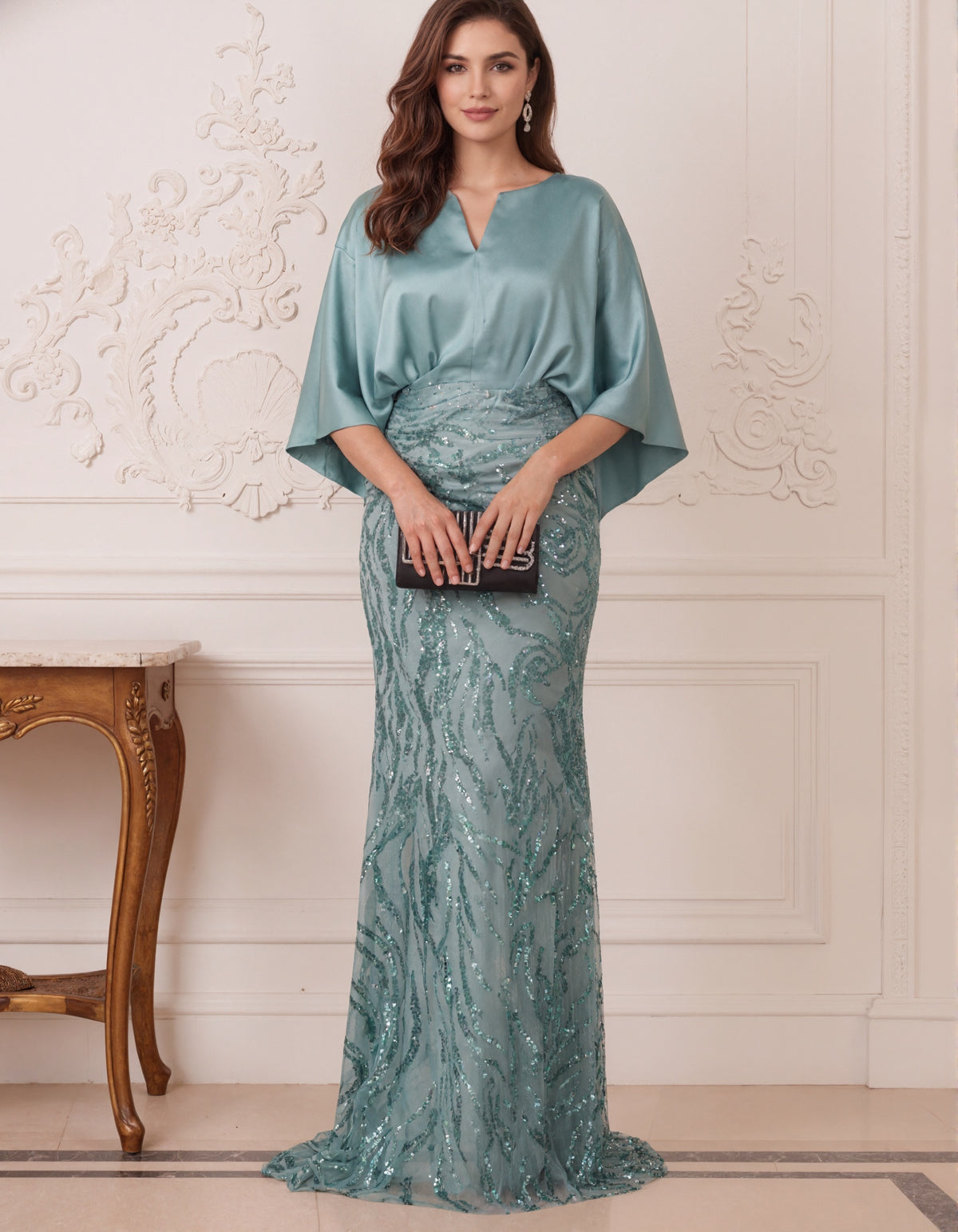 Aquamarine Satin Shawl Sleeves With Sequins Maxi Dress