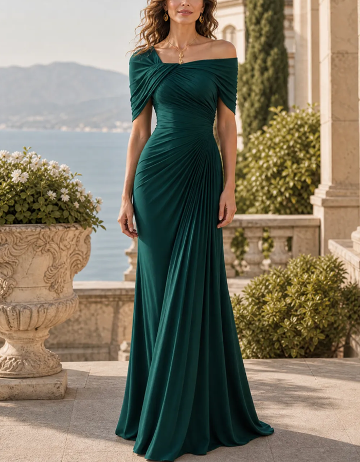 Emerald Green Asymmetric Off Shoulder Ruched Formal Maxi Dress
