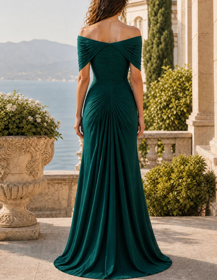 Emerald Green Asymmetric Off Shoulder Ruched Formal Maxi Dress