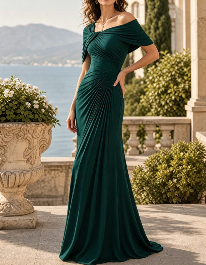 Emerald Green Asymmetric Off Shoulder Ruched Formal Maxi Dress
