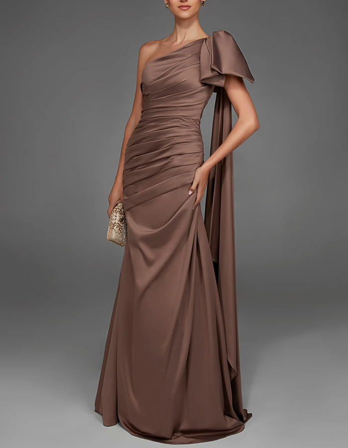 Mocha Brown One Shoulder Satin Formal Evening Maxi Dress