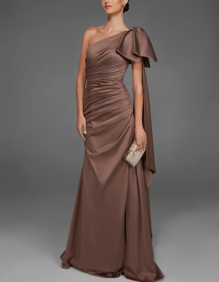 Mocha Brown One Shoulder Satin Formal Evening Maxi Dress