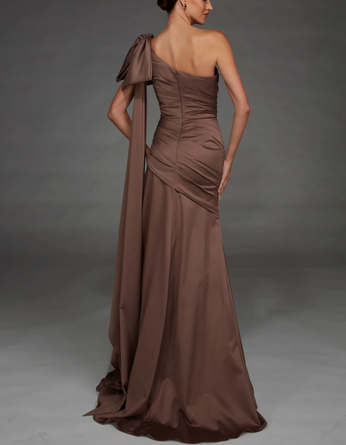 Mocha Brown One Shoulder Satin Formal Evening Maxi Dress