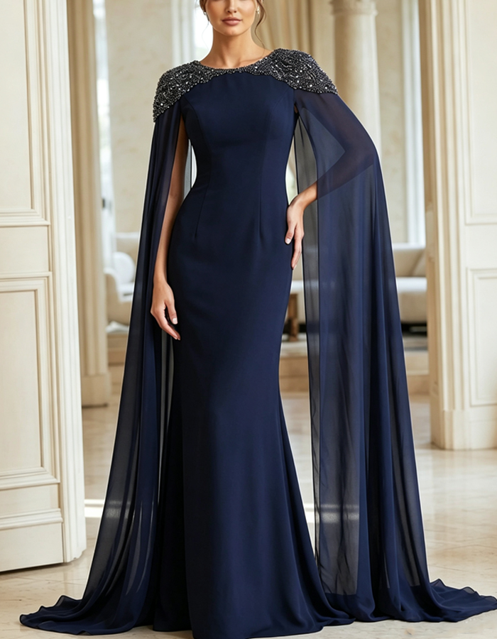 Navy Blue Chiffon Cape Sleeve Mermaid Long Formal Evening Gown Maxi Dress