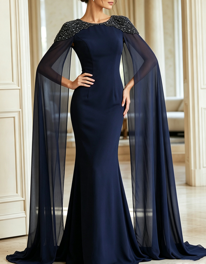 Navy Blue Chiffon Cape Sleeve Mermaid Long Formal Evening Gown Maxi Dress