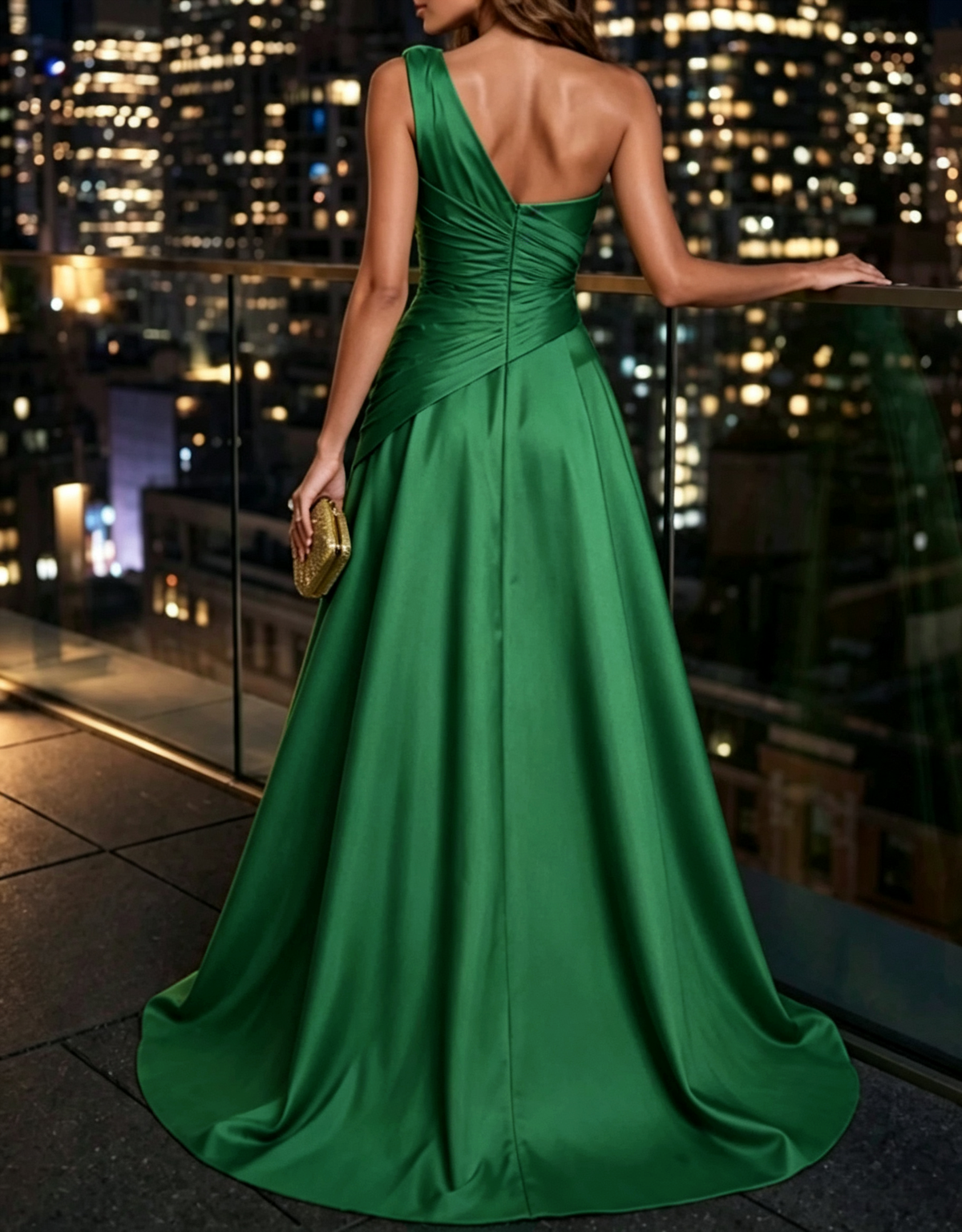 One‑Shoulder Satin 3D Floral Ruched A‑Line Maxi Dress