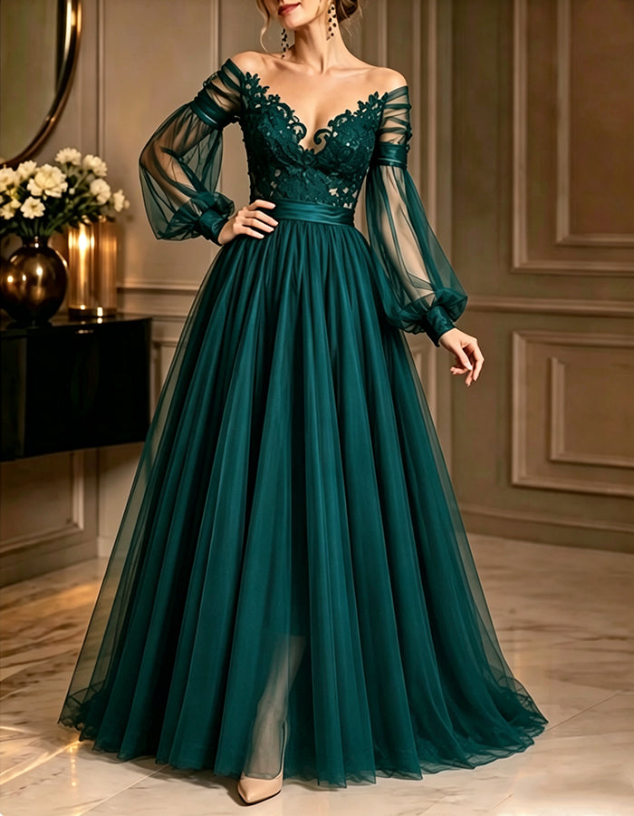Dark Green Off Shoulder Lace Appliqué Tulle Cuffs Maxi Dress