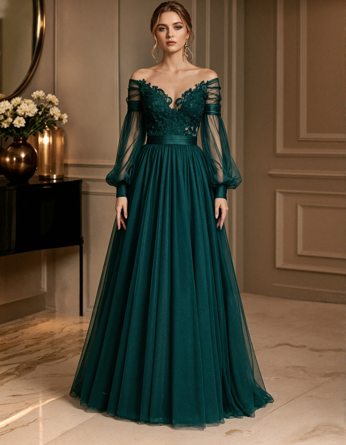 Dark Green Off Shoulder Lace Appliqué Tulle Cuffs Maxi Dress