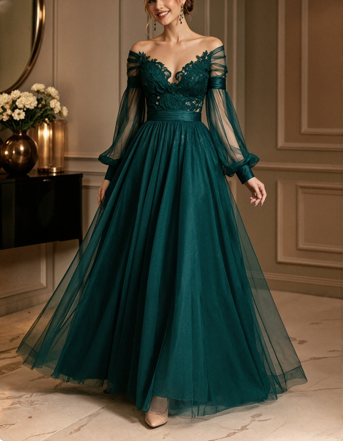Dark Green Off Shoulder Lace Appliqué Tulle Cuffs Maxi Dress