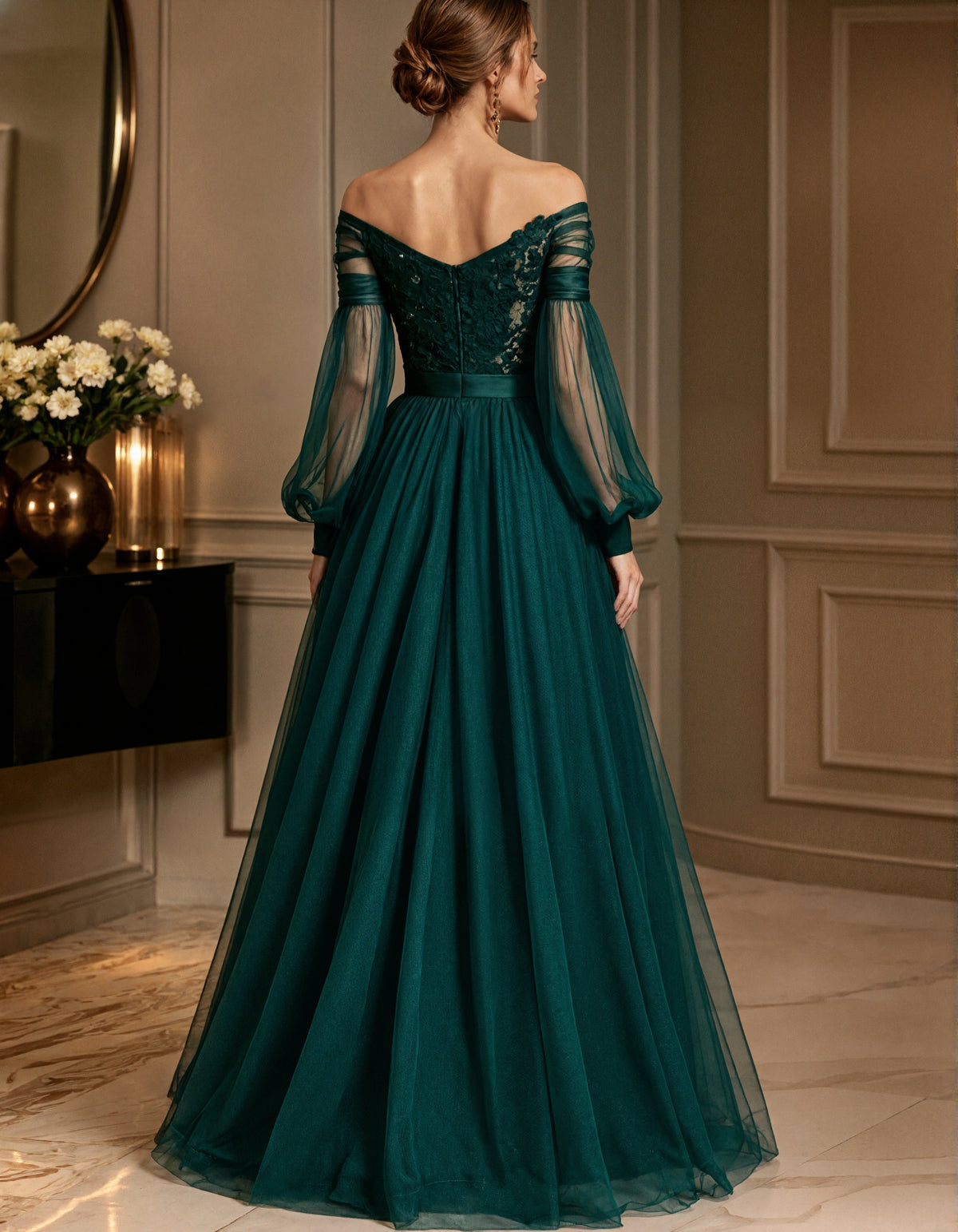 Dark Green Off Shoulder Lace Appliqué Tulle Cuffs Maxi Dress