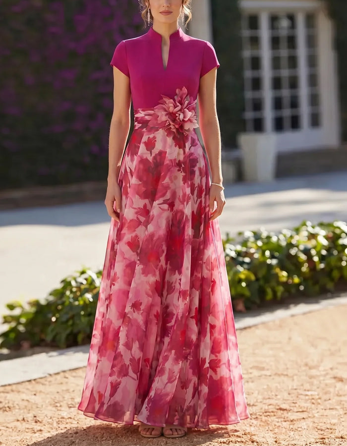 Solid Color Stand Collar Floral Print Chiffon Maxi Dress
