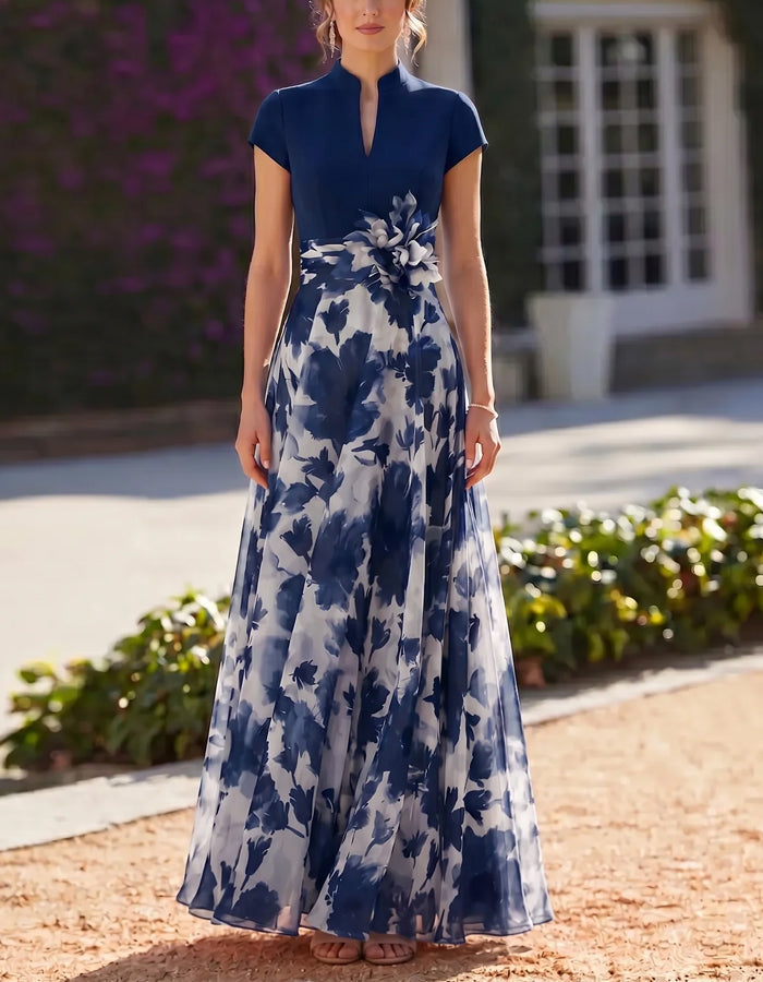 Solid Color Stand Collar Floral Print Chiffon Maxi Dress