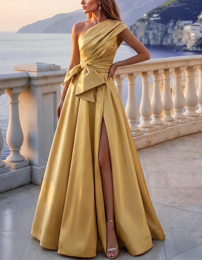 Solid Color Satin One Shoulder Draped Maxi Dress