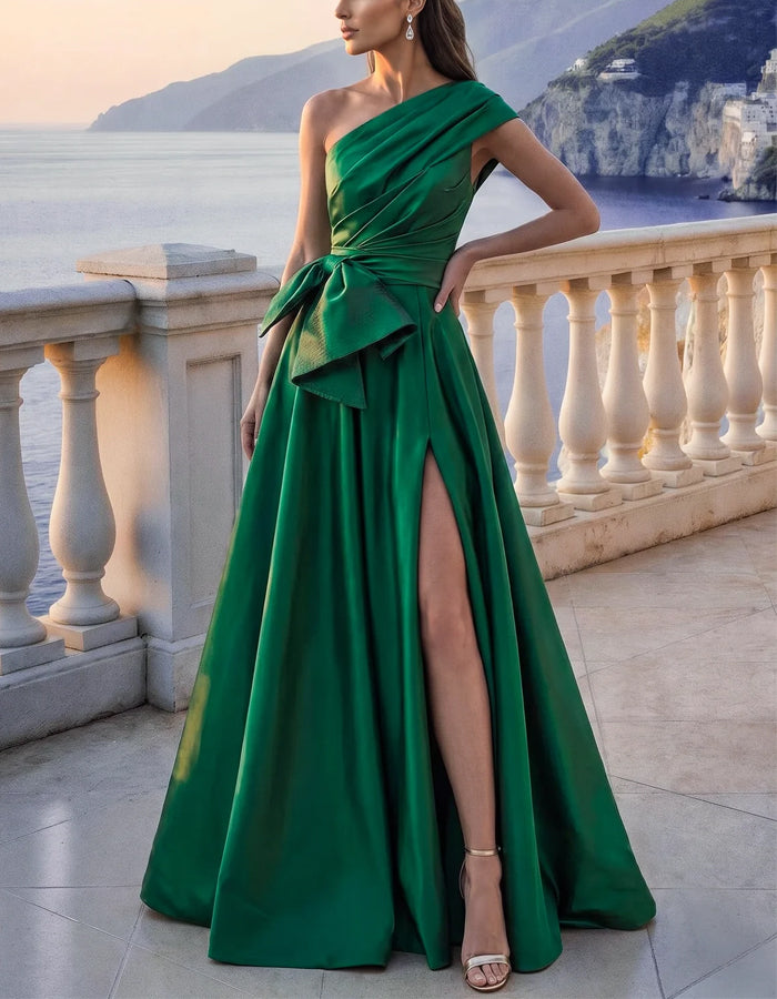 Solid Color Satin One Shoulder Draped Maxi Dress