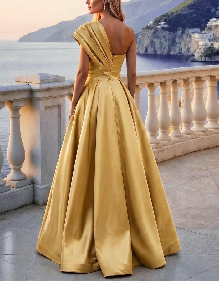 Solid Color Satin One Shoulder Draped Maxi Dress
