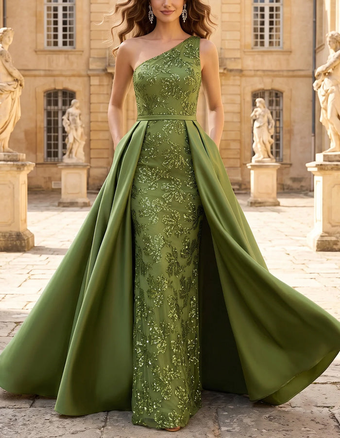 Green Sequined Satin One Shoulder Maxi Dress