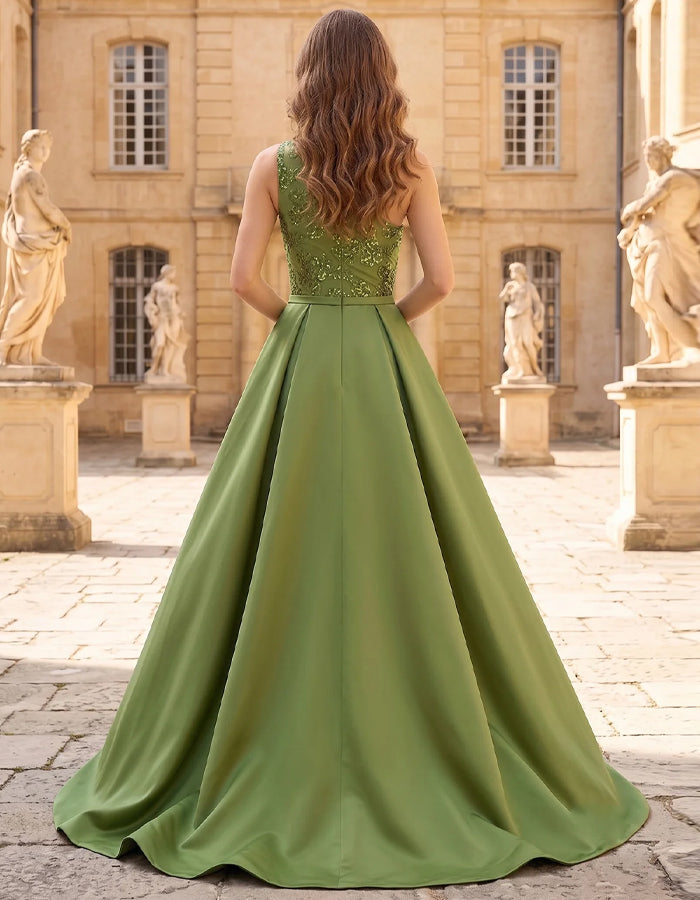 Green Sequined Satin One Shoulder Maxi Dress