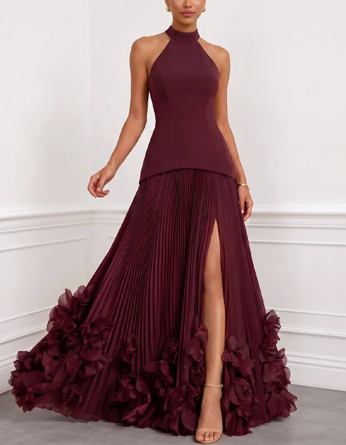 Solid Color Halter Neck Backless Maxi Dress