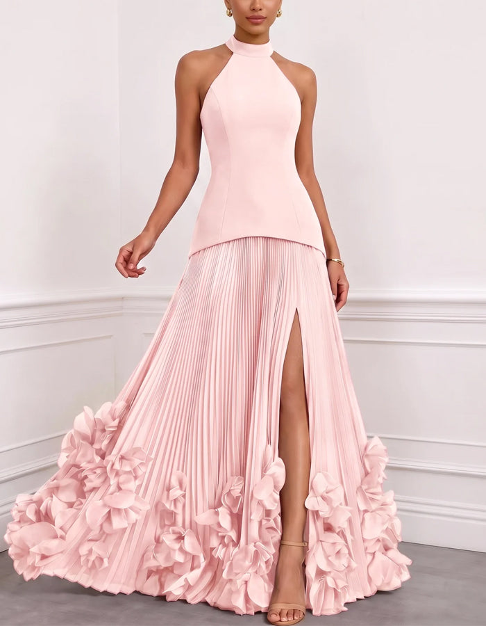 Solid Color Halter Neck Backless Maxi Dress