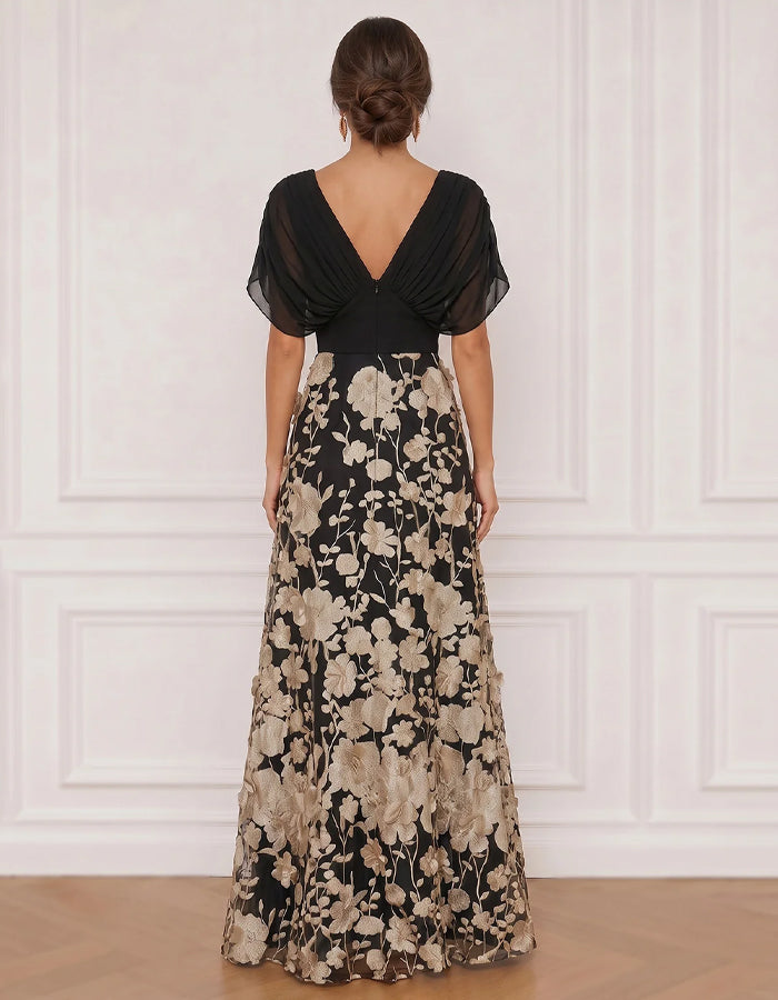 Black And Gold Floral Appliqué V-Neck Chiffon Maxi Dress